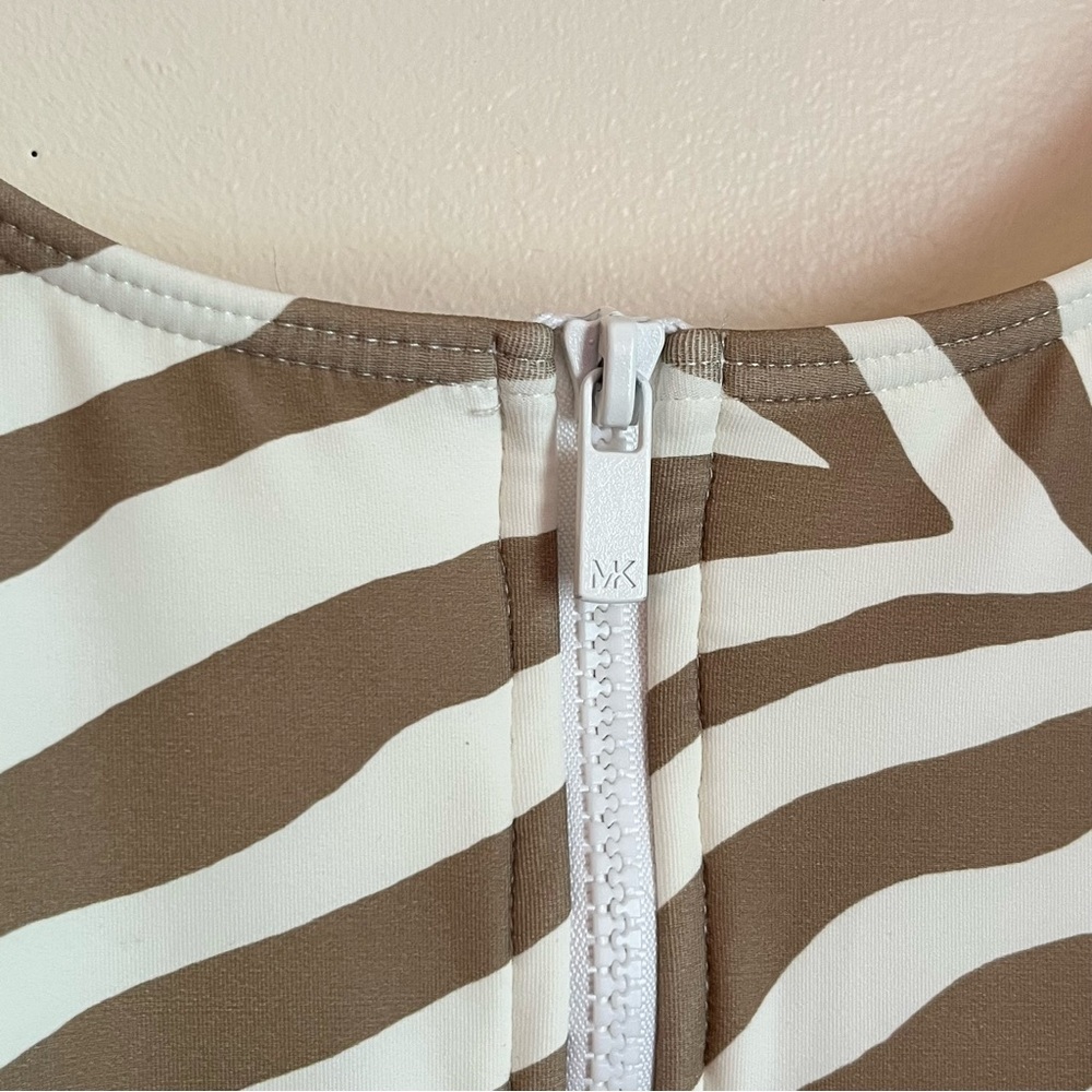 Michael Kors Zebra Print One Piece Swimsuit Zip Front Size 12 Neutral Swim - Picture 3 of 7